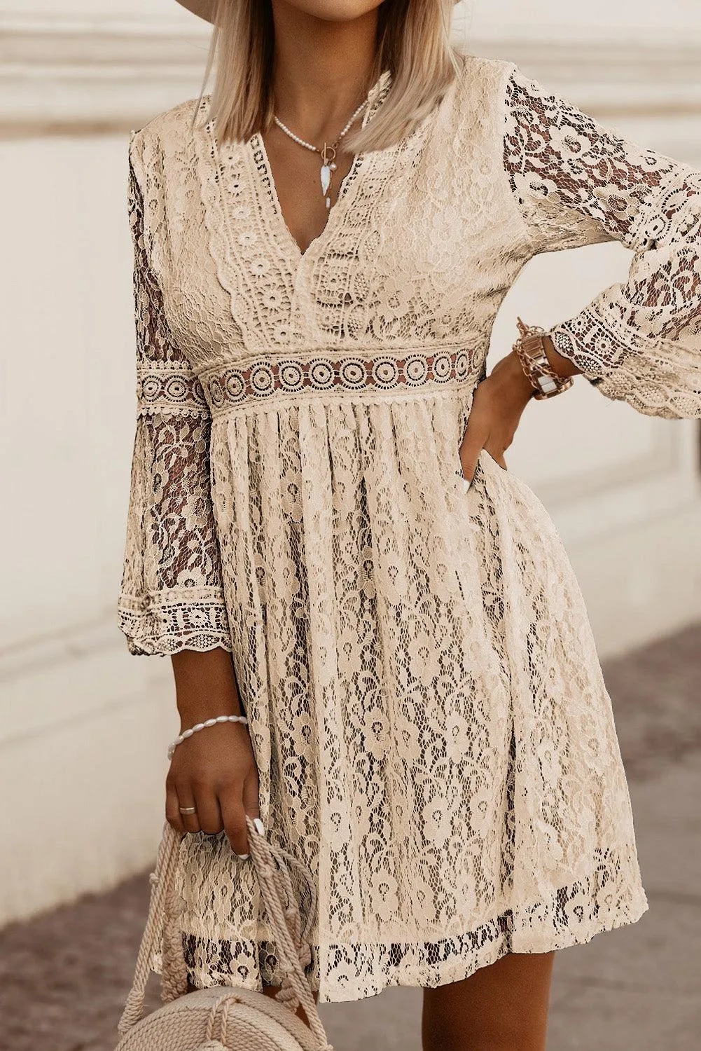 Ultra-Feminine Three-Quarter Sleeve Lace Mini Dress