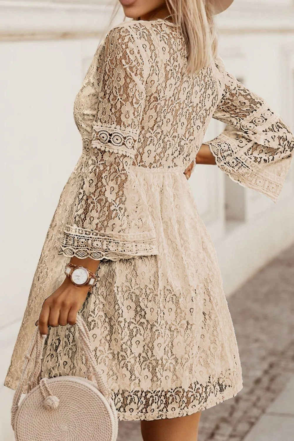 Ultra-Feminine Three-Quarter Sleeve Lace Mini Dress