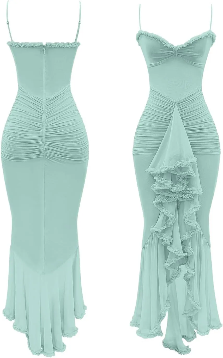 Unybwonn Women Cocktail Maxi Dress Sleeveless Ruched Ruffle Hem Mesh Dresses High Low Split Spaghetti Strap Sundress
