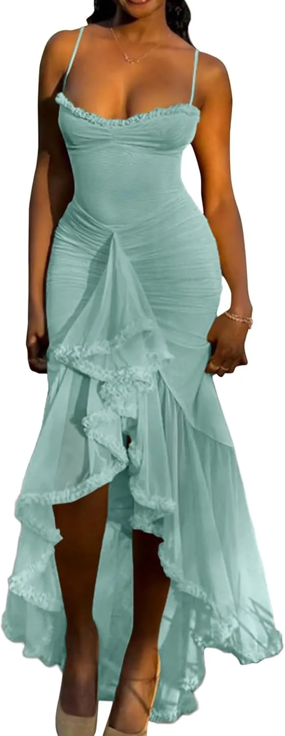 Unybwonn Women Cocktail Maxi Dress Sleeveless Ruched Ruffle Hem Mesh Dresses High Low Split Spaghetti Strap Sundress