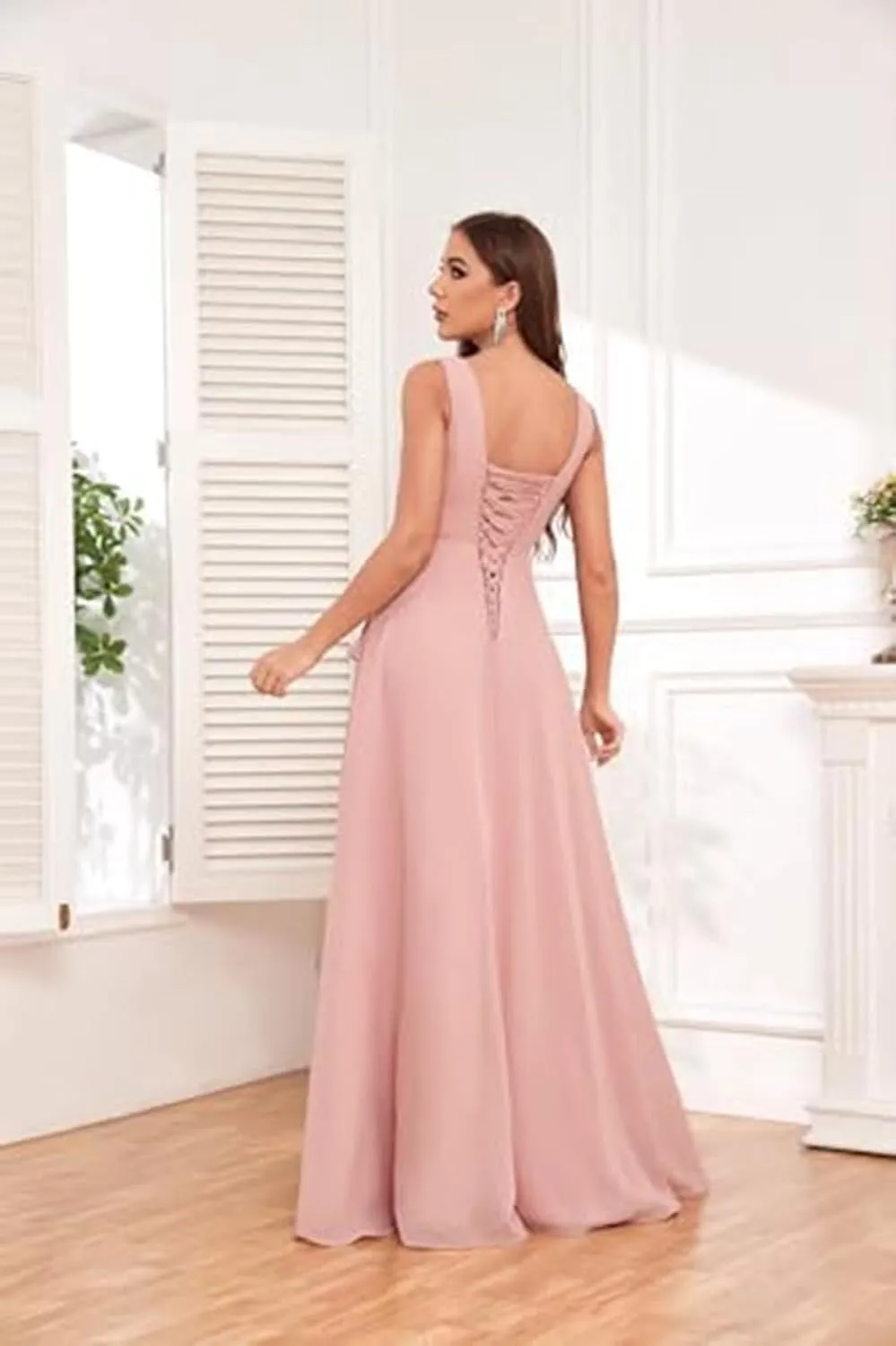 V Neck Bridesmaid Dresses for Women Chiffon Wedding Dress Long Formal Evening Dress with Slit