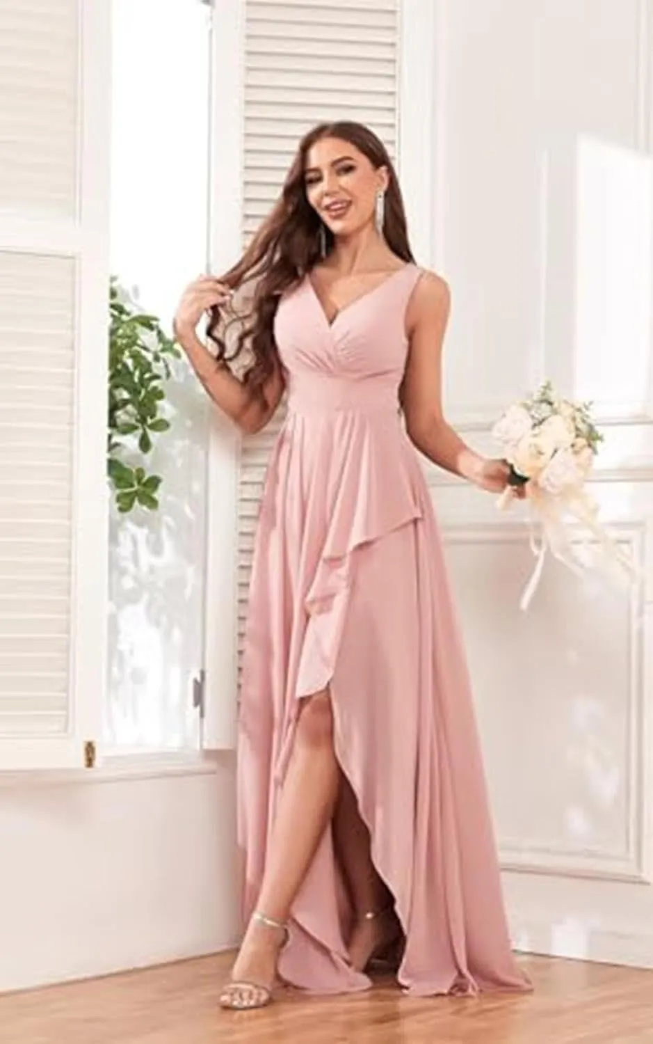 V Neck Bridesmaid Dresses for Women Chiffon Wedding Dress Long Formal Evening Dress with Slit