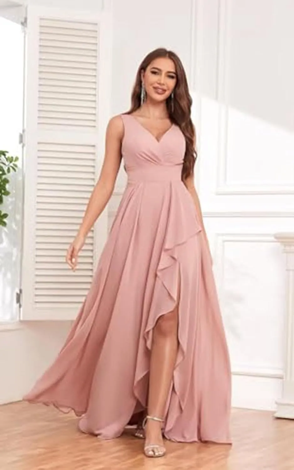 V Neck Bridesmaid Dresses for Women Chiffon Wedding Dress Long Formal Evening Dress with Slit