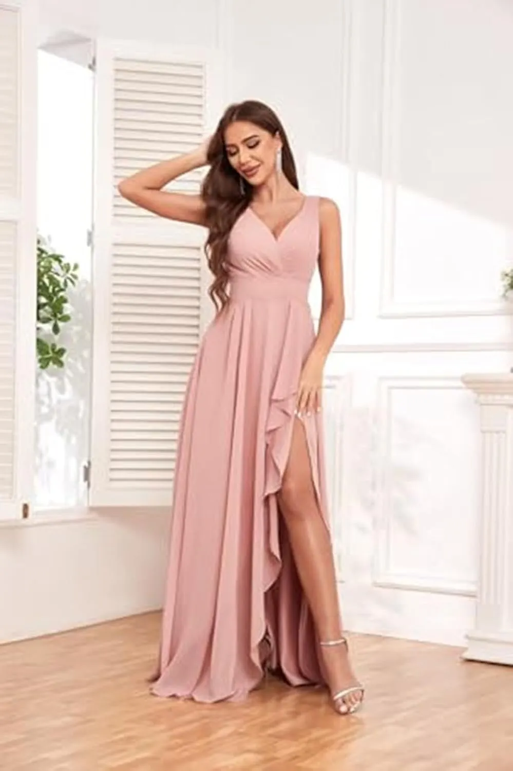 V Neck Bridesmaid Dresses for Women Chiffon Wedding Dress Long Formal Evening Dress with Slit