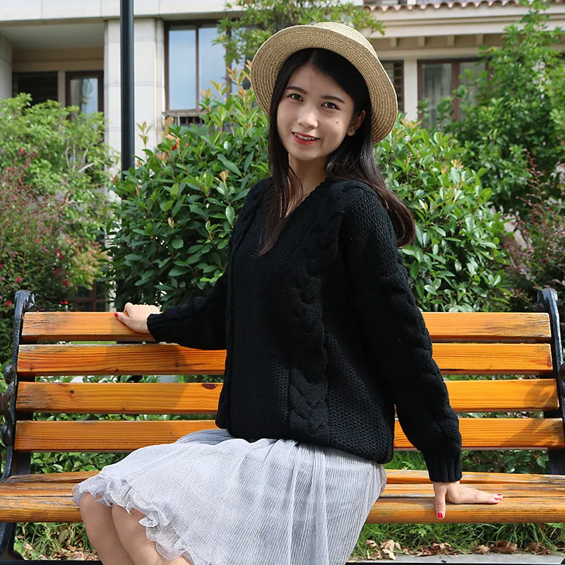 V-neck Cable Knit Loose Pure Color Sweater
