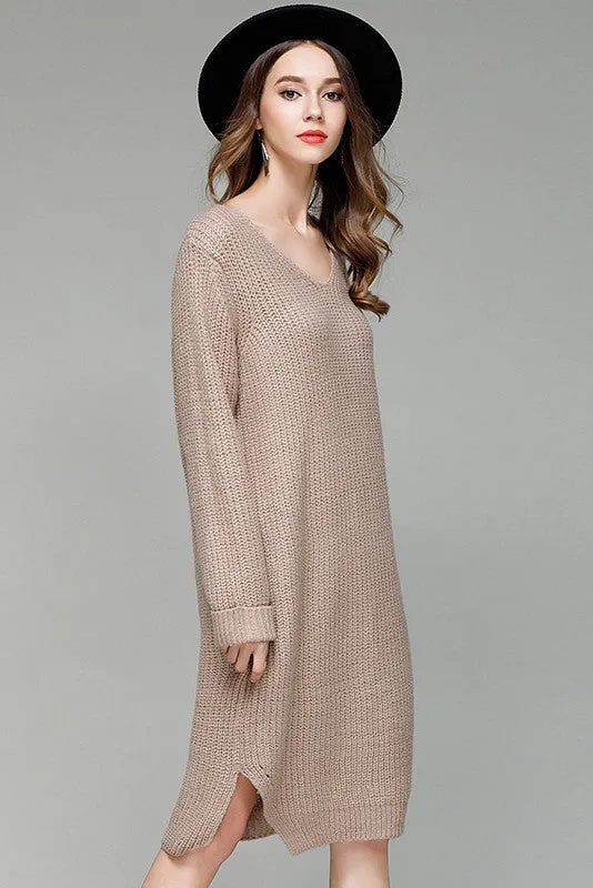 V-neck Long Sleeves Pure Color Split Long Pullover Sweater