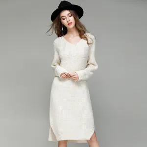 V-neck Long Sleeves Pure Color Split Long Pullover Sweater