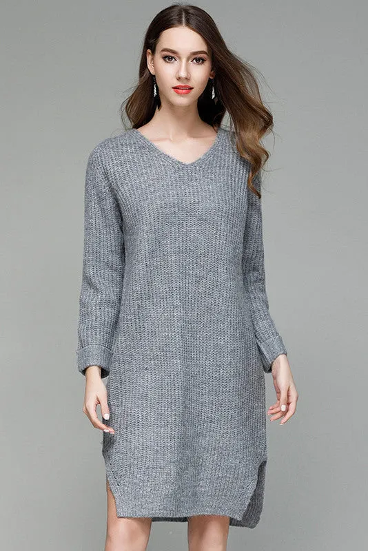 V-neck Long Sleeves Pure Color Split Long Pullover Sweater
