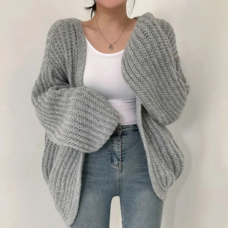 V-Neck Oversized Casual Solid Long Sleeve Lazy Elegant Holiday Y2K Streetwear Cardigan
