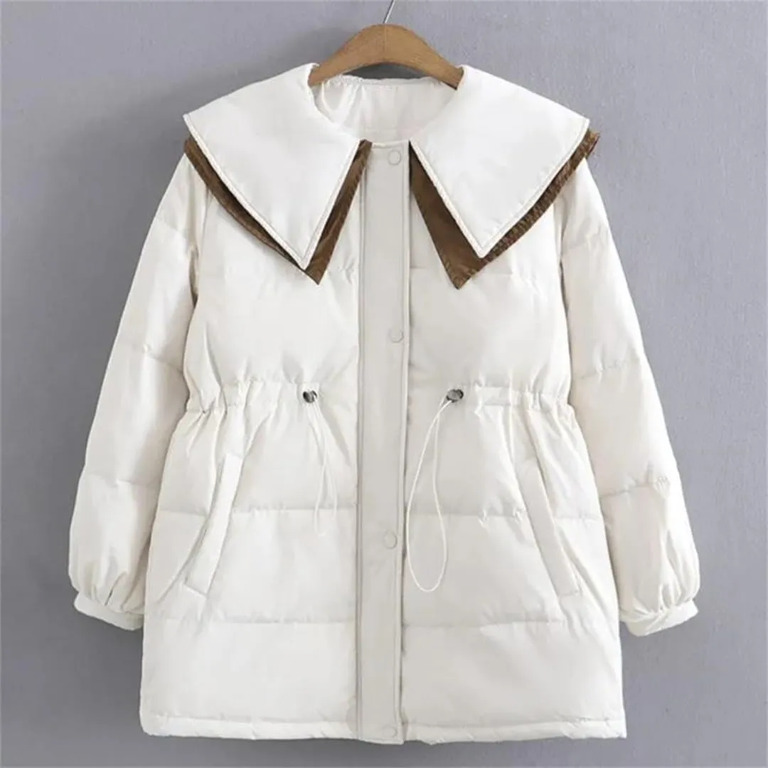 Winter Parka Down Cotton Jacket Women Loose Fit Long Padded Coat Sailor Collar Patchwork Thick Warm Coat