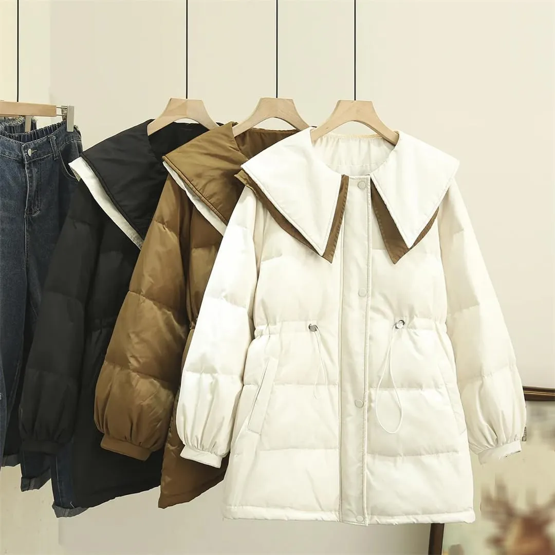 Winter Parka Down Cotton Jacket Women Loose Fit Long Padded Coat Sailor Collar Patchwork Thick Warm Coat