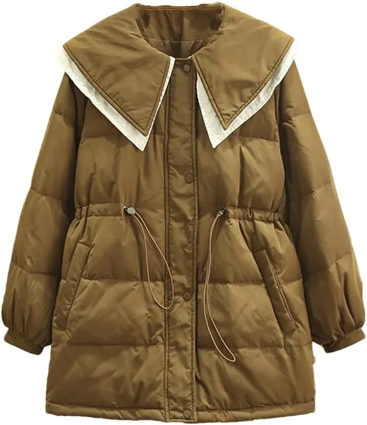 Winter Parka Down Cotton Jacket Women Loose Fit Long Padded Coat Sailor Collar Patchwork Thick Warm Coat