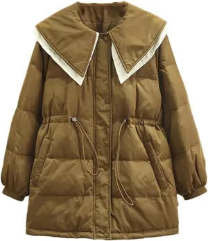 Winter Parka Down Cotton Jacket Women Loose Fit Long Padded Coat Sailor Collar Patchwork Thick Warm Coat