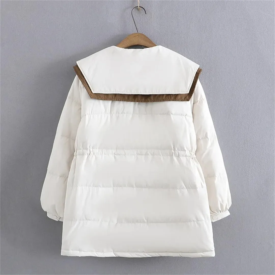 Winter Parka Down Cotton Jacket Women Loose Fit Long Padded Coat Sailor Collar Patchwork Thick Warm Coat
