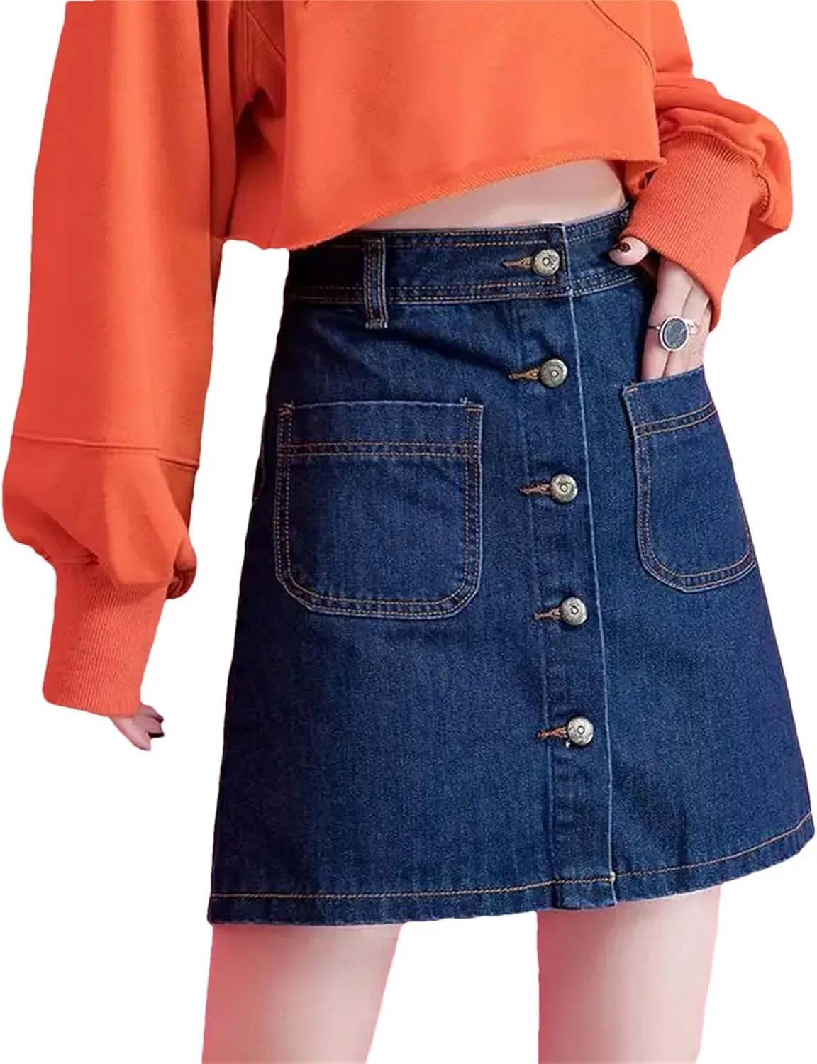 Woman Denim Skirt Vintage Harajuku Style Elegant A-Line Skirt High Waisted Casual Skirt with Pocket
