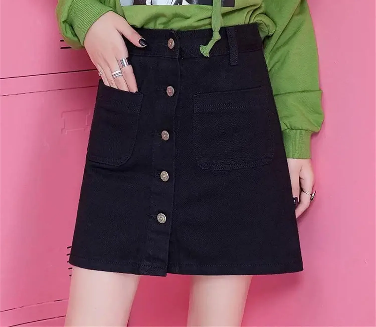 Woman Denim Skirt Vintage Harajuku Style Elegant A-Line Skirt High Waisted Casual Skirt with Pocket