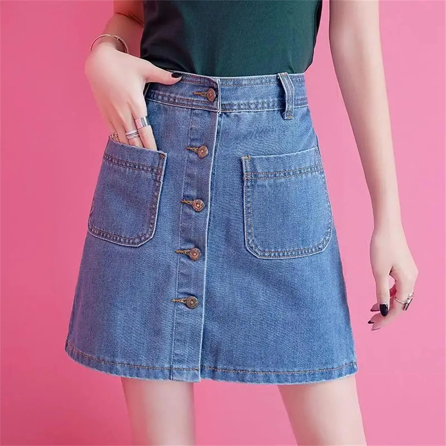 Woman Denim Skirt Vintage Harajuku Style Elegant A-Line Skirt High Waisted Casual Skirt with Pocket