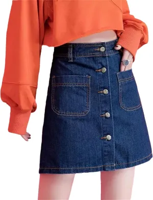 Woman Denim Skirt Vintage Harajuku Style Elegant A-Line Skirt High Waisted Casual Skirt with Pocket