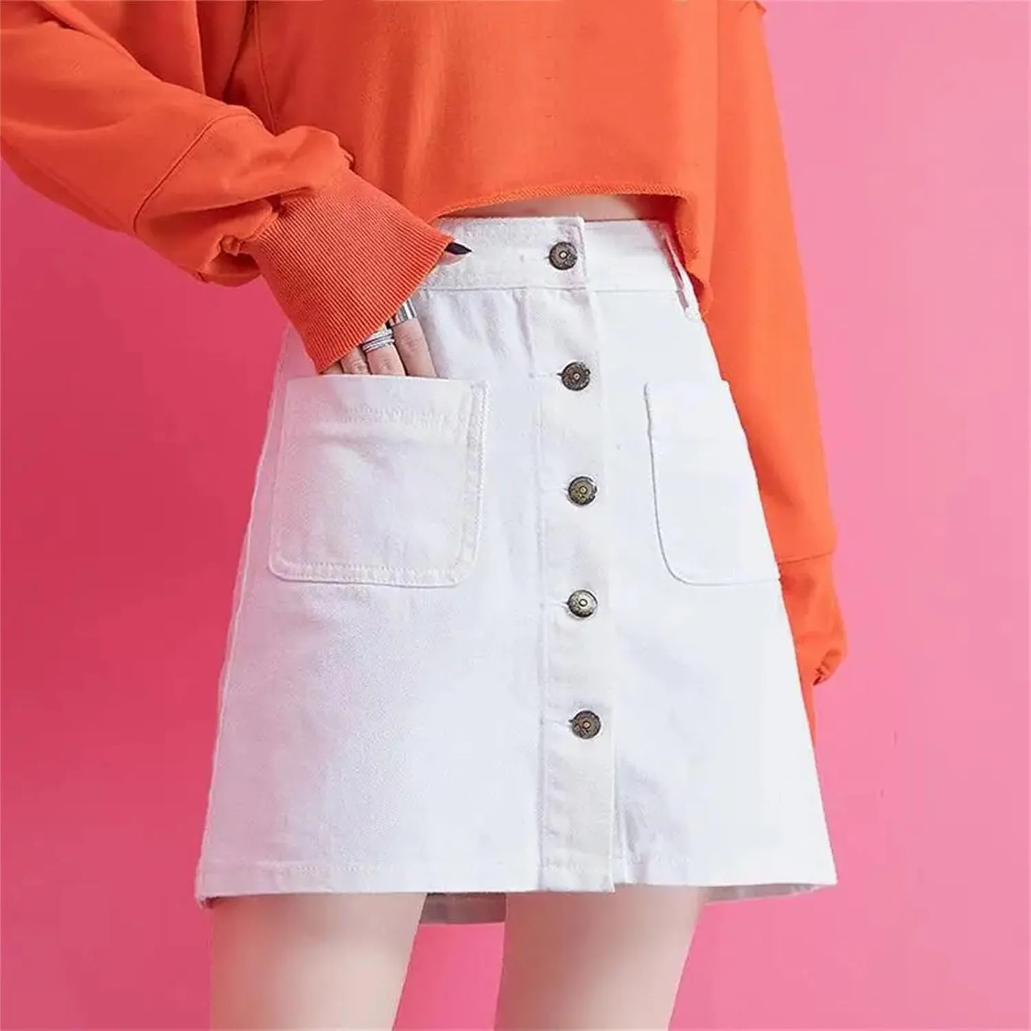Woman Denim Skirt Vintage Harajuku Style Elegant A-Line Skirt High Waisted Casual Skirt with Pocket