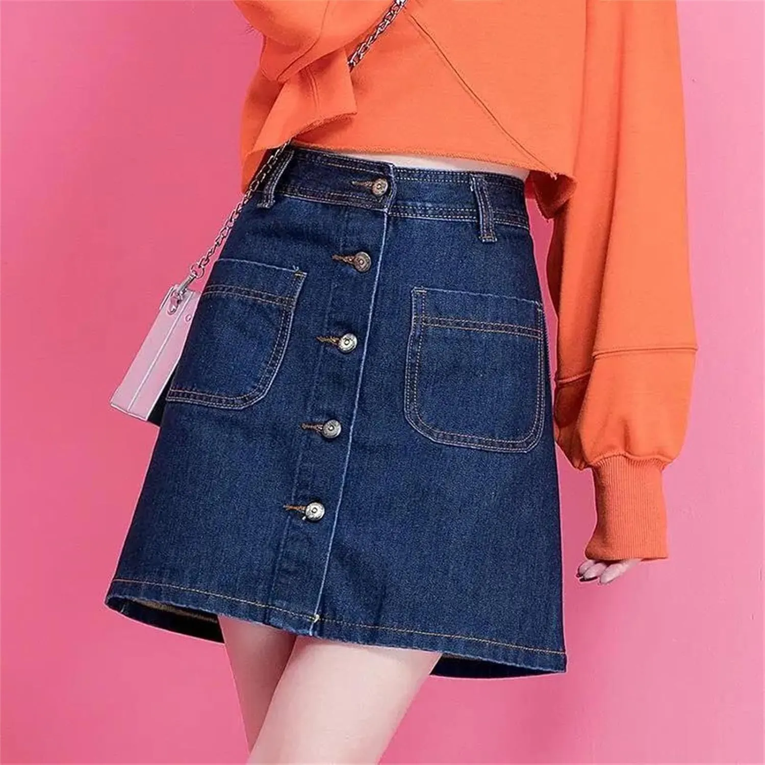 Woman Denim Skirt Vintage Harajuku Style Elegant A-Line Skirt High Waisted Casual Skirt with Pocket