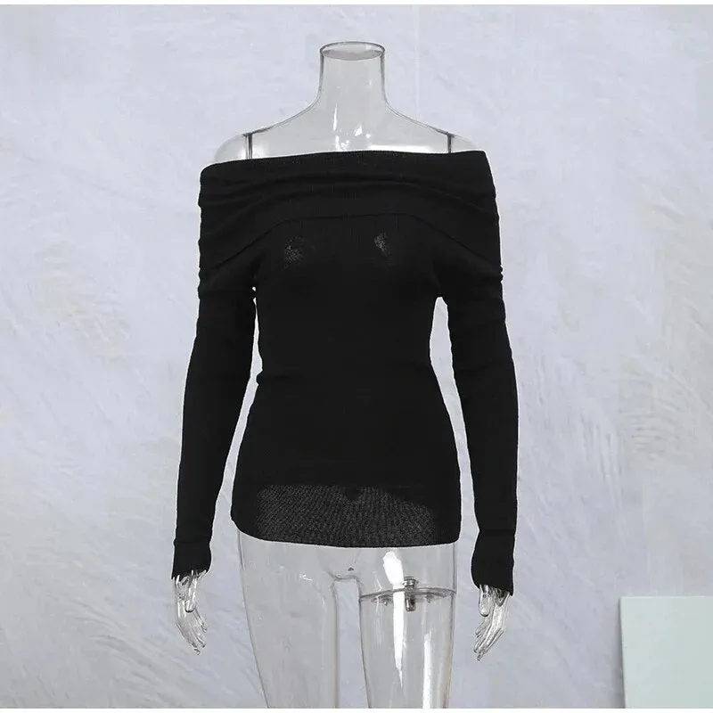Women Elegant Long Sleeve Off Shoulder Sweaters