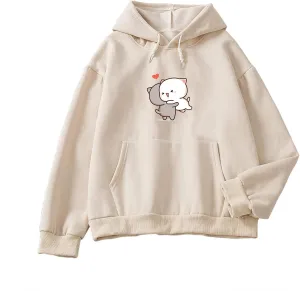 Women Kawaii Cartoon Cute Cat Graphic Casual Cotton Pullover Hoodies Sweatshirt