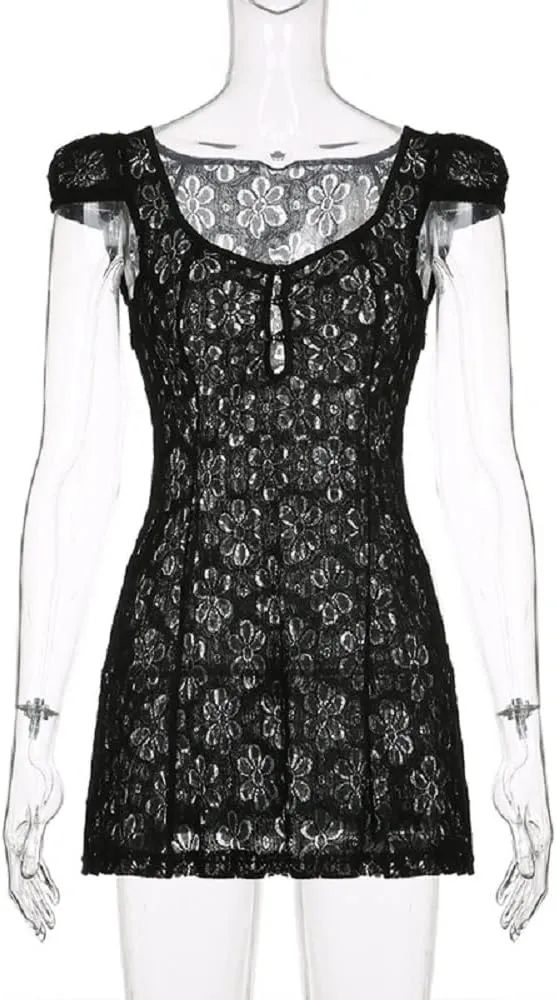 Women Lace Short Bodycon Dresses Vintage Ruffle A-Line Mini Dress Elegant Backless White Sundress Y2K Clubwear