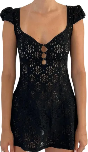 Women Lace Short Bodycon Dresses Vintage Ruffle A-Line Mini Dress Elegant Backless White Sundress Y2K Clubwear