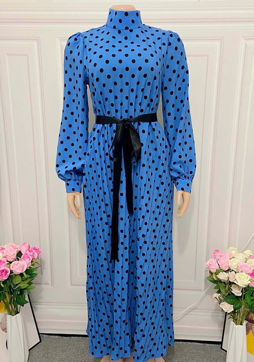 Women Polka Dots Pleated Dress Party Elegant 3/4 Sleeve Mock Neck Flowy Midi Cocktail Dresses with Belt Plus Size