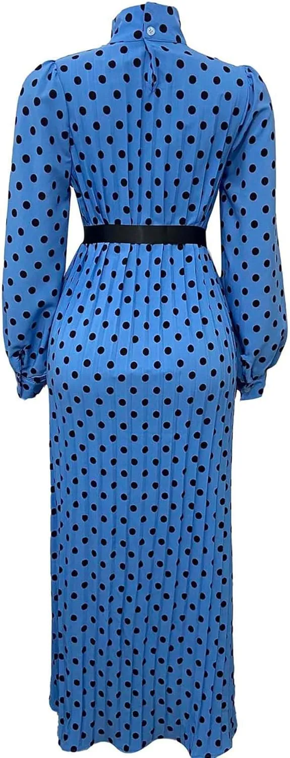 Women Polka Dots Pleated Dress Party Elegant 3/4 Sleeve Mock Neck Flowy Midi Cocktail Dresses with Belt Plus Size