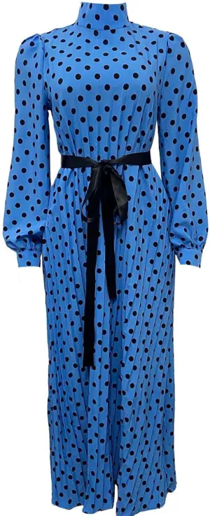 Women Polka Dots Pleated Dress Party Elegant 3/4 Sleeve Mock Neck Flowy Midi Cocktail Dresses with Belt Plus Size