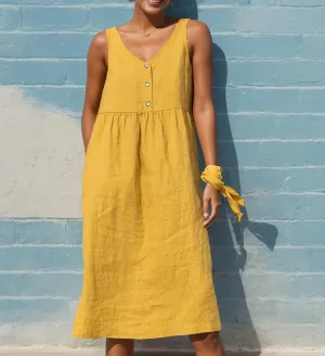 Women Sleeveless Linen Midi Dress Summer Casual V Neck Button Flowy Sun Dress Loose Beach Vacation Shift Dress