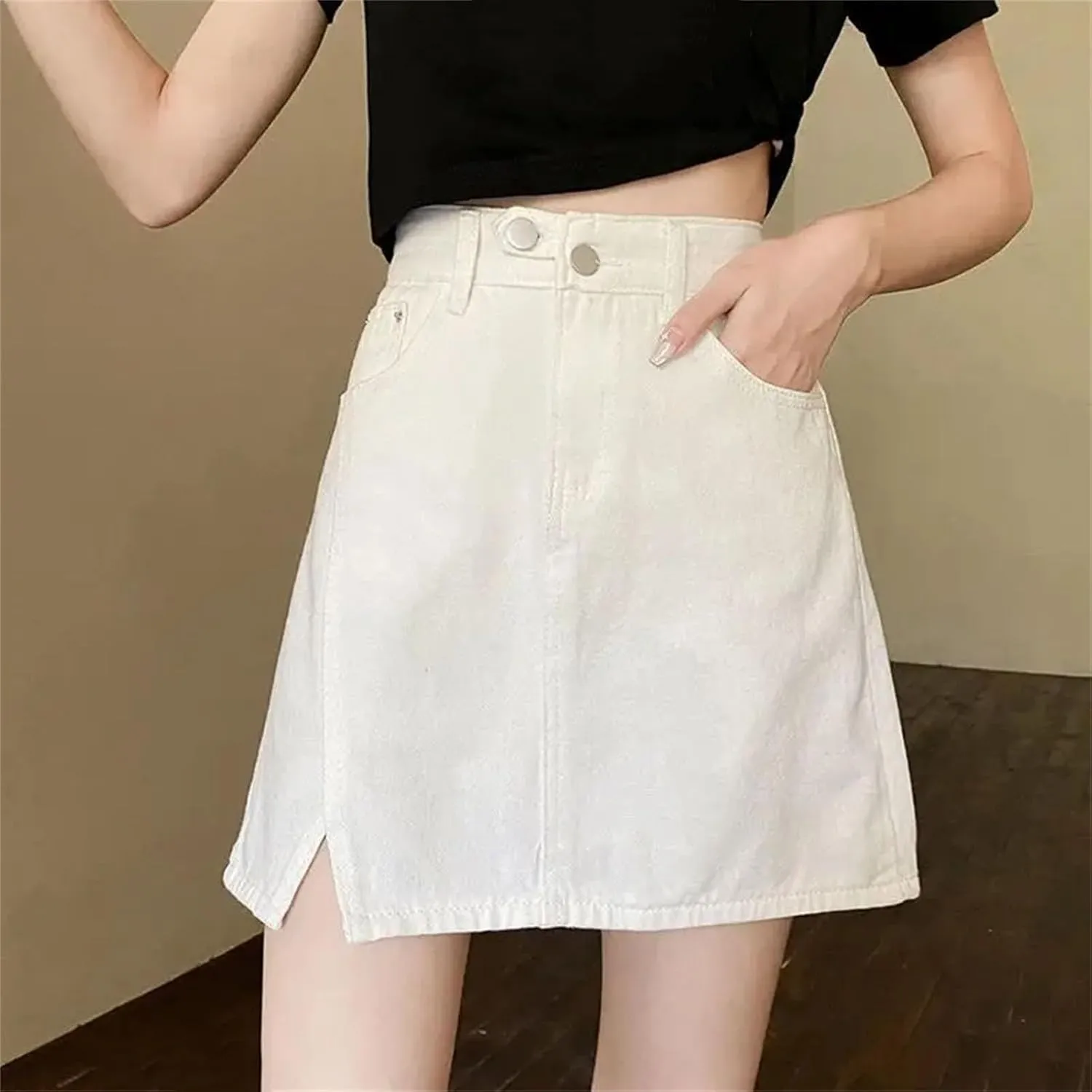 Women Slit Mini Jeans Skirts Vintage Casual Elegant A-Line Skirt Summer High Waisted Bodycon Skirt