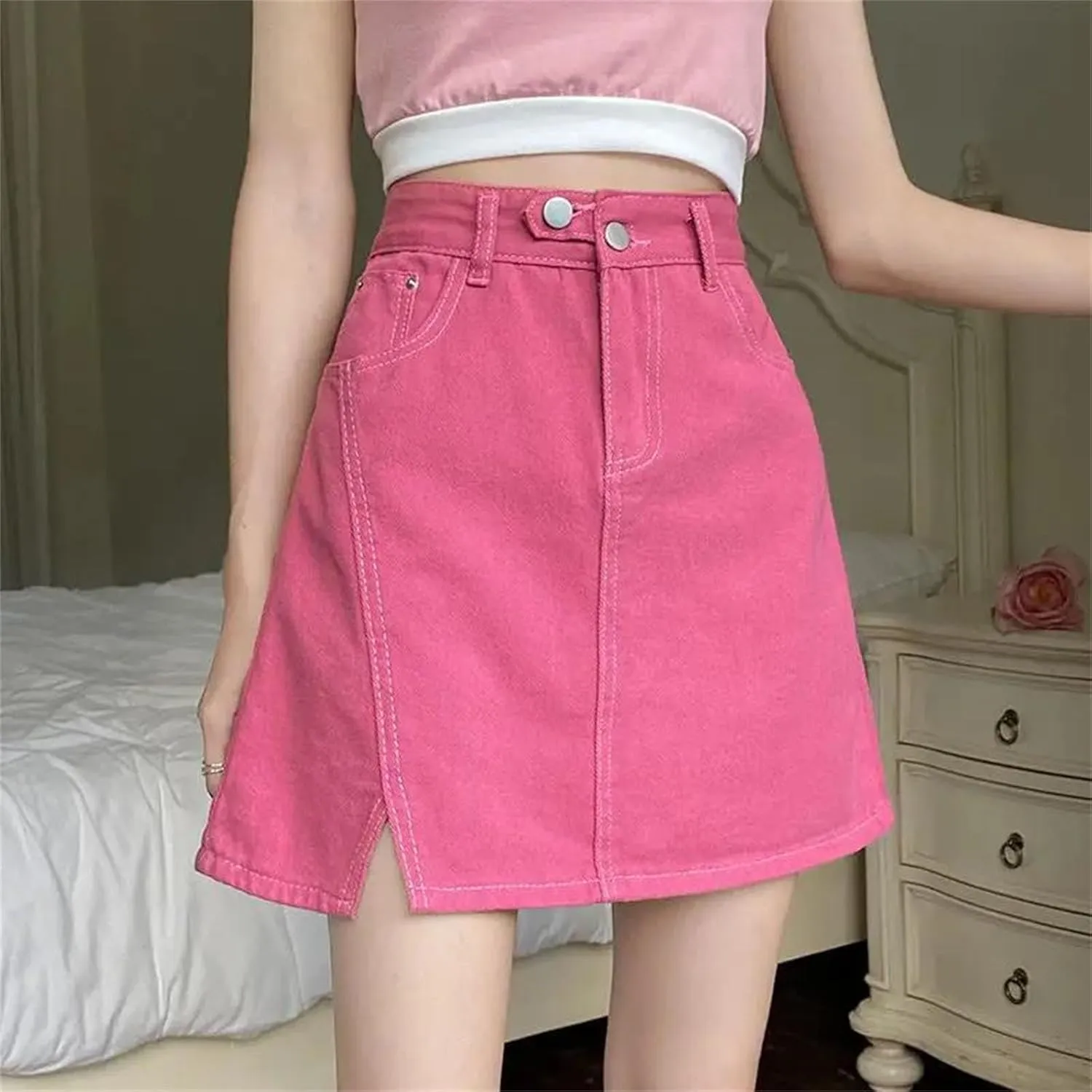 Women Slit Mini Jeans Skirts Vintage Casual Elegant A-Line Skirt Summer High Waisted Bodycon Skirt