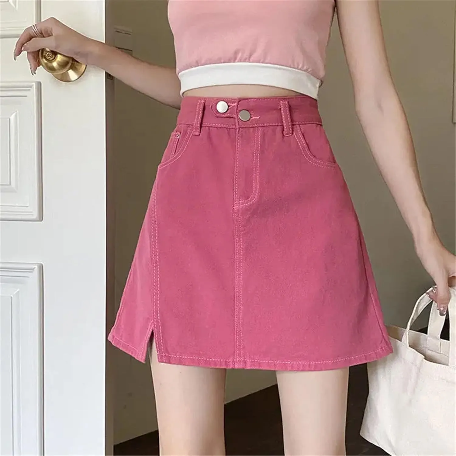 Women Slit Mini Jeans Skirts Vintage Casual Elegant A-Line Skirt Summer High Waisted Bodycon Skirt