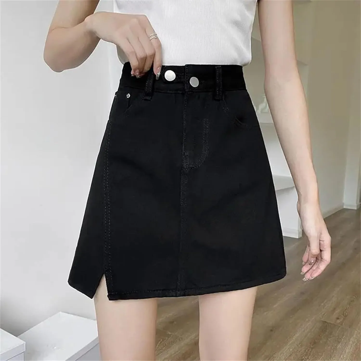 Women Slit Mini Jeans Skirts Vintage Casual Elegant A-Line Skirt Summer High Waisted Bodycon Skirt