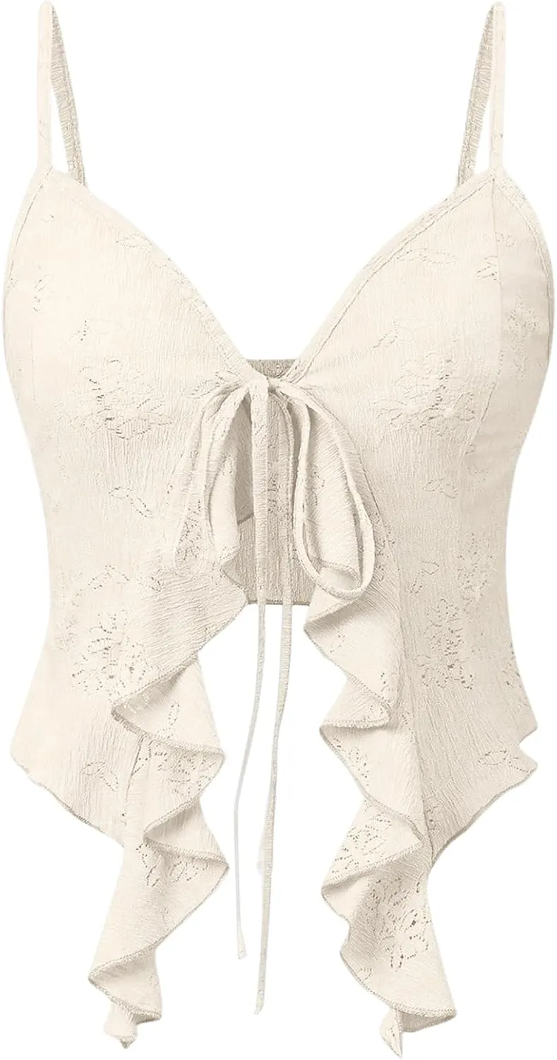 Women's Asymmetric Hem Cami Crop Top Backless Tie Front Ruffle Trim Slim Fit Camisole