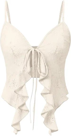 Women's Asymmetric Hem Cami Crop Top Backless Tie Front Ruffle Trim Slim Fit Camisole