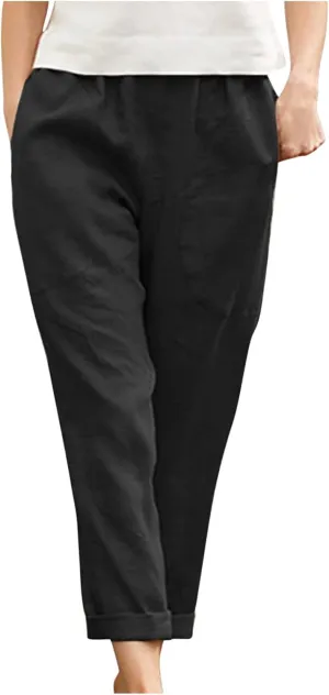Womens Casual Cotton Tapered Capri Cargo Pants Loose Elastic Waist Straight Ankle Cropped Trouser Slacks with Pockets