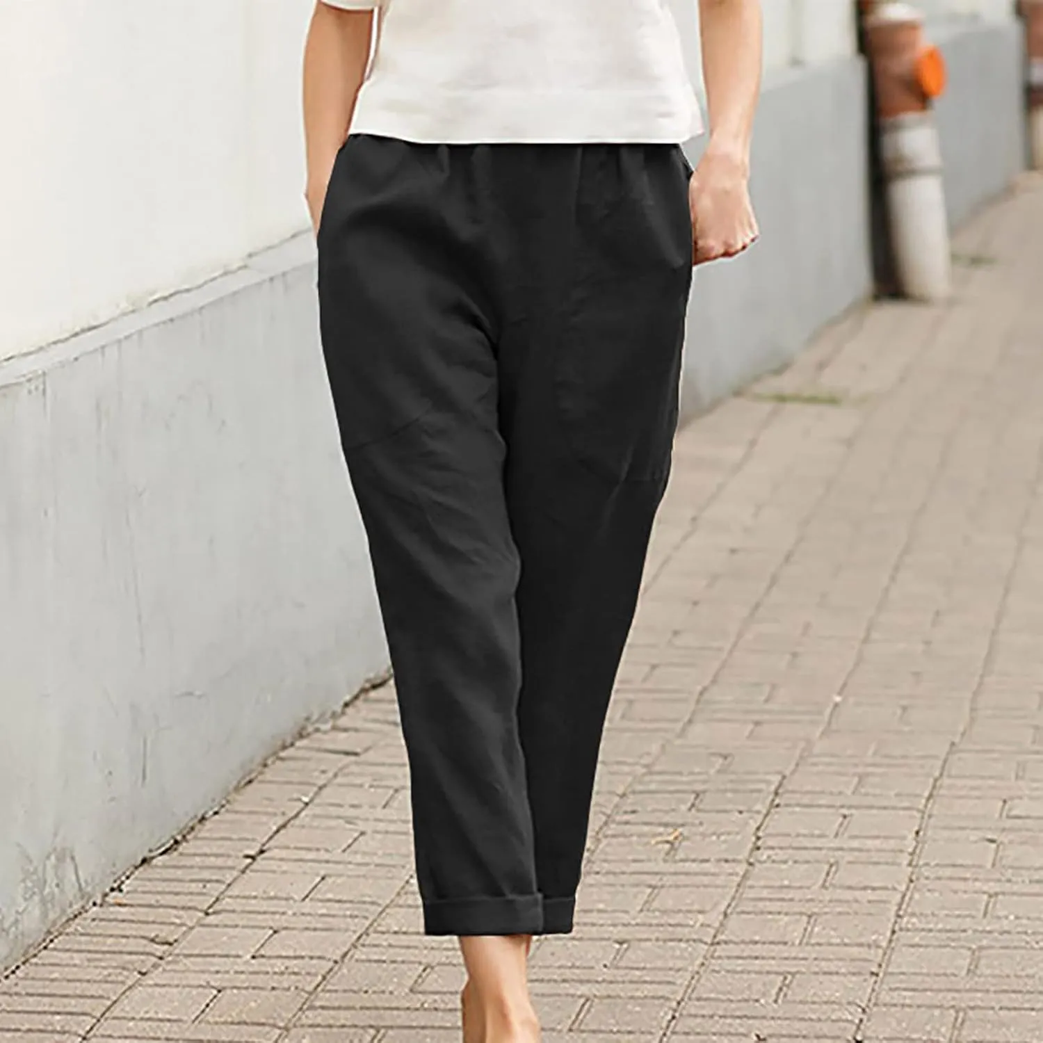 Womens Casual Cotton Tapered Capri Cargo Pants Loose Elastic Waist Straight Ankle Cropped Trouser Slacks with Pockets