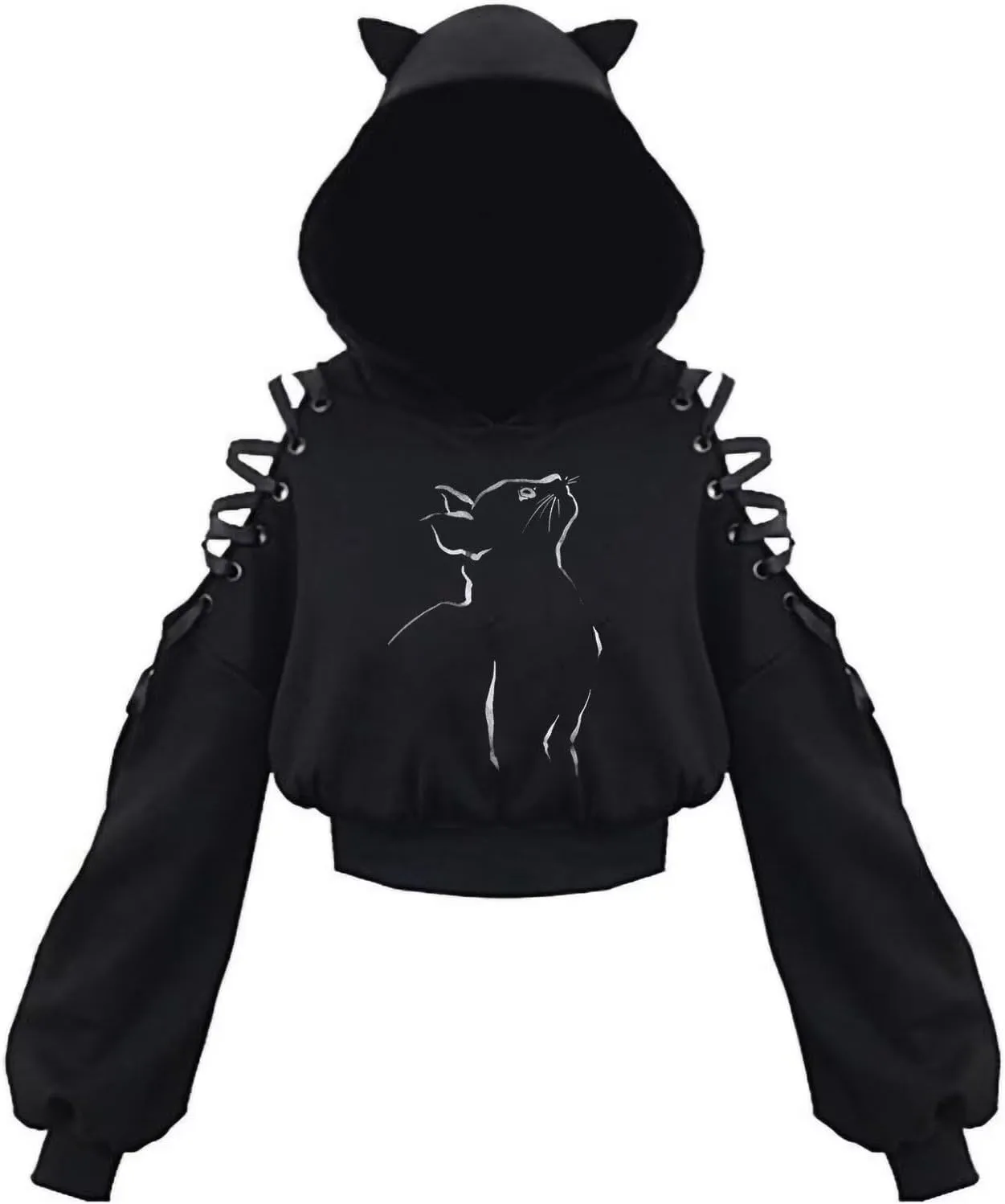 Women's Cat Ear Hoodie Pullover Long Sleeve Off Shoulder Cute Crop Top Hoodies Sweatshirt