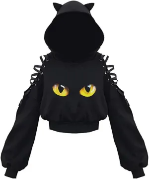 Women's Cat Ear Hoodie Pullover Long Sleeve Off Shoulder Cute Crop Top Hoodies Sweatshirt