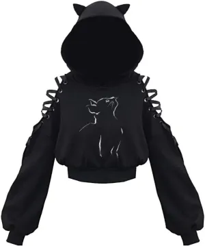 Women's Cat Ear Hoodie Pullover Long Sleeve Off Shoulder Cute Crop Top Hoodies Sweatshirt