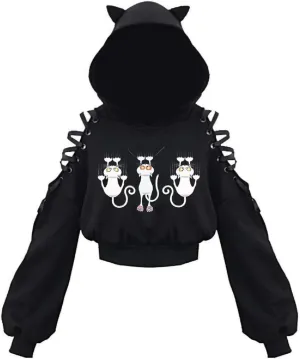 Women's Cat Ear Hoodie Pullover Long Sleeve Off Shoulder Cute Crop Top Hoodies Sweatshirt