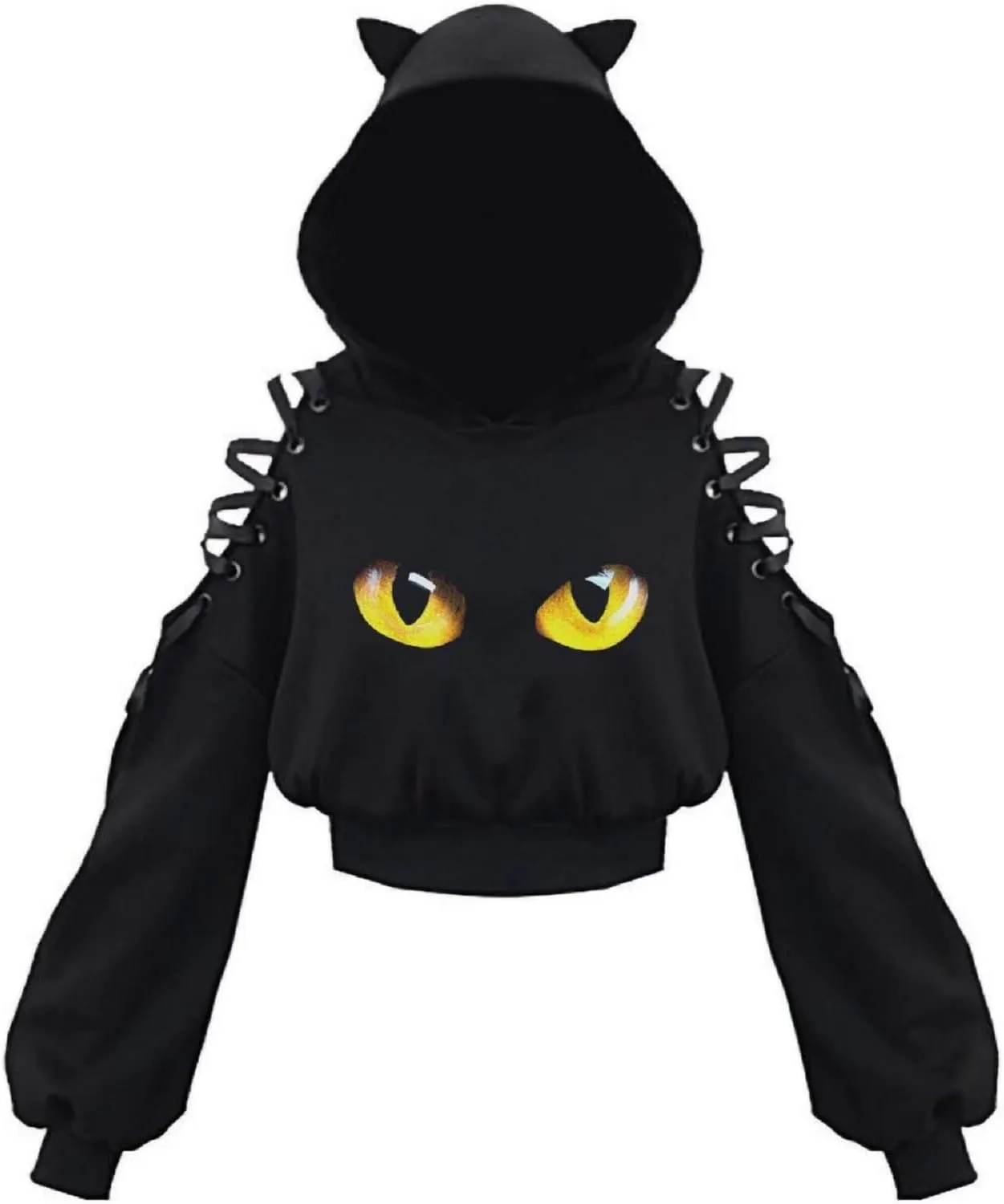 Women's Cat Ear Hoodie Pullover Long Sleeve Off Shoulder Cute Crop Top Hoodies Sweatshirt