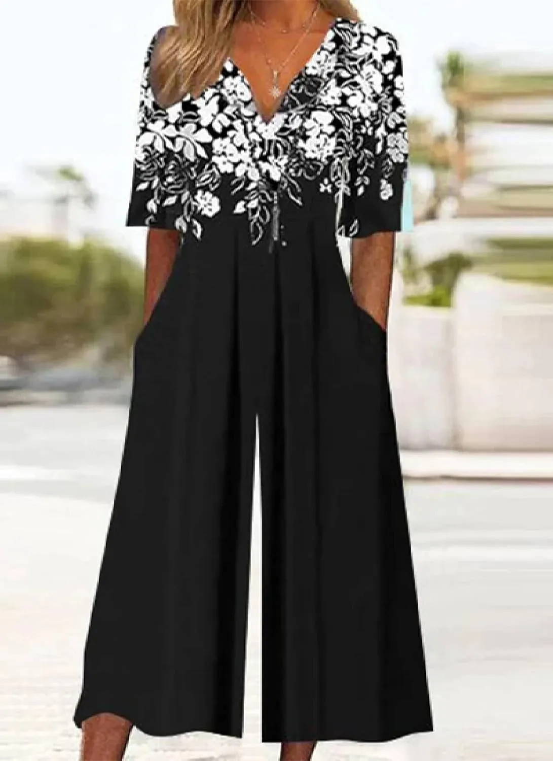 Women's Chic Floral Print Black Jumpsuit Elegant V Neck Half Sleeve Side-Pockets Spring and Summer Cool Outfits