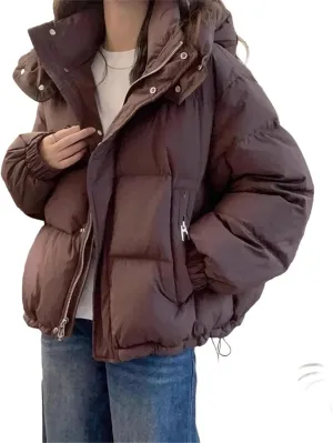 Women's Cotton Parka Hooded Thick Warm Loose Down Jacket Women Solid Color Fashion Zipper Coat