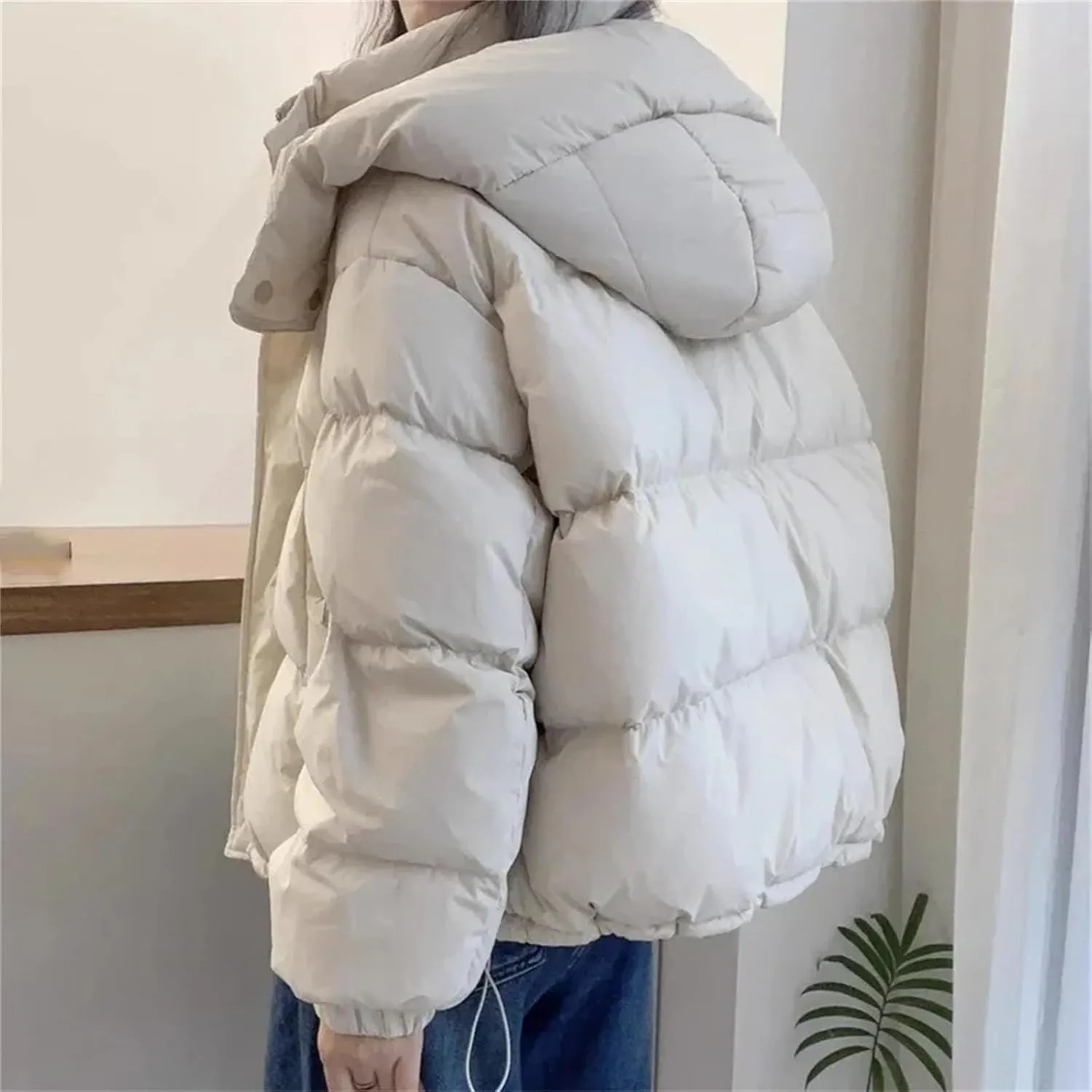 Women's Cotton Parka Hooded Thick Warm Loose Down Jacket Women Solid Color Fashion Zipper Coat