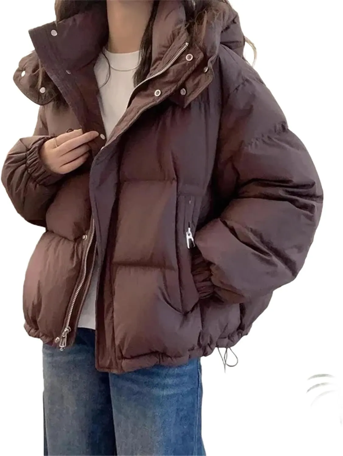 Women's Cotton Parka Hooded Thick Warm Loose Down Jacket Women Solid Color Fashion Zipper Coat