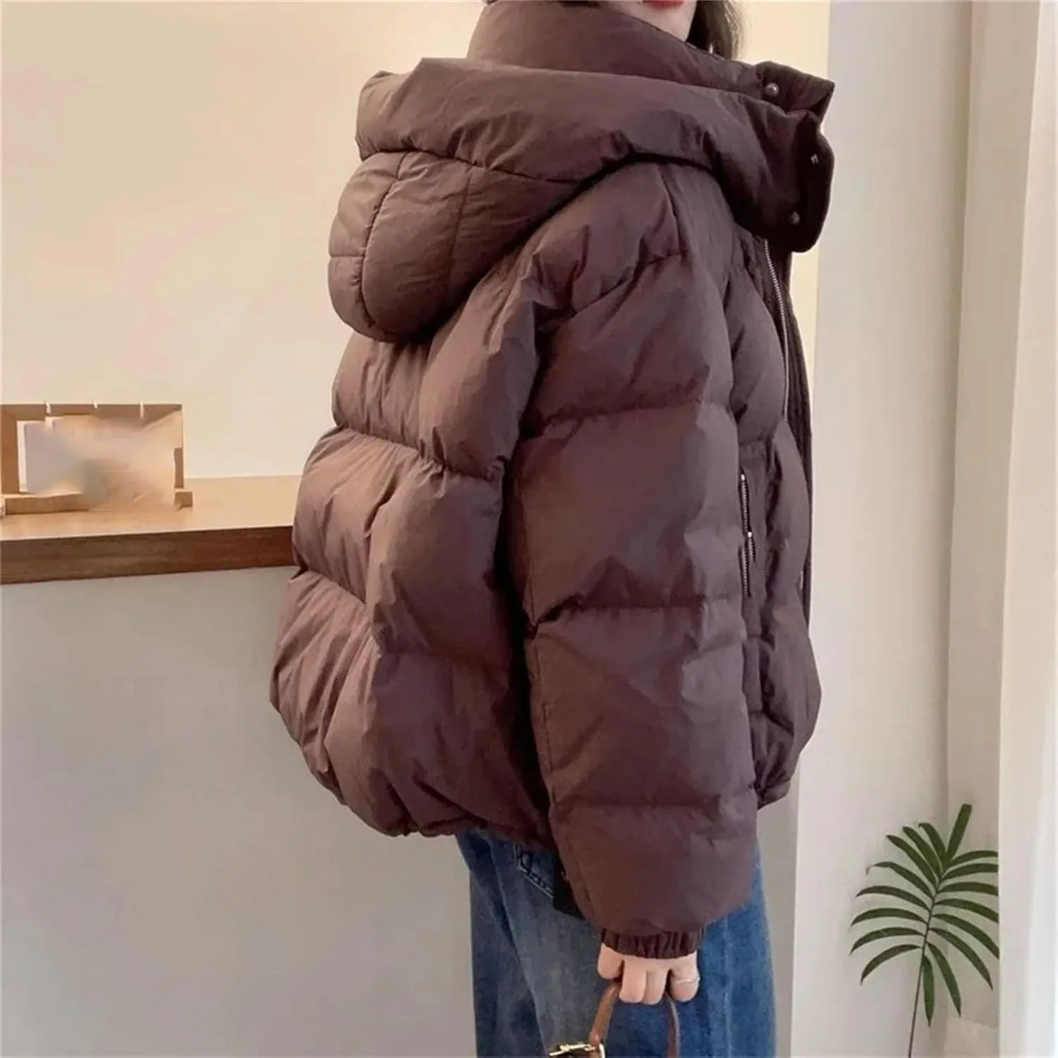 Women's Cotton Parka Hooded Thick Warm Loose Down Jacket Women Solid Color Fashion Zipper Coat